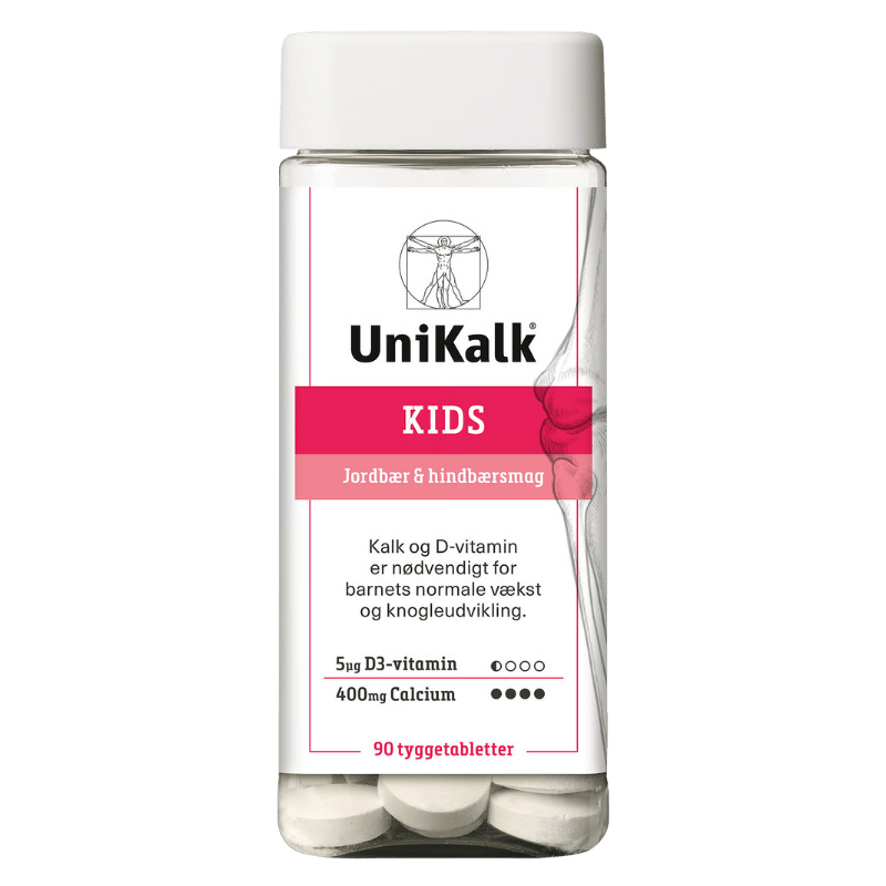 Pakke med UniKalk Kids tyggetabletter med jordbær- og hindbærsmag, 90 stk