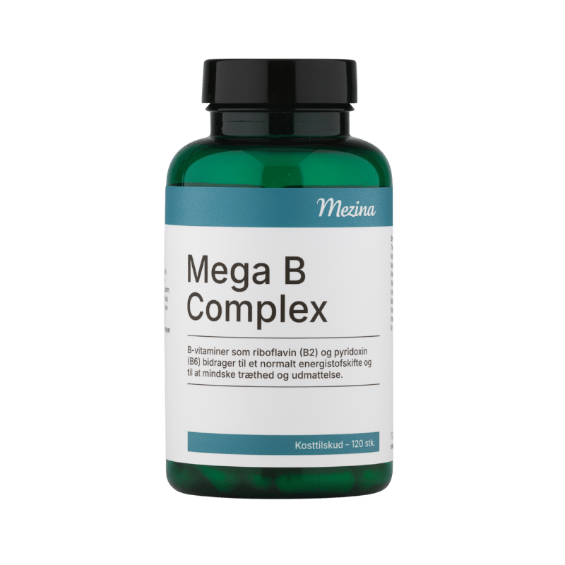 Mezina Mega B Complex kosttilskud med B-vitaminer og C-vitamin, 120 kapsler