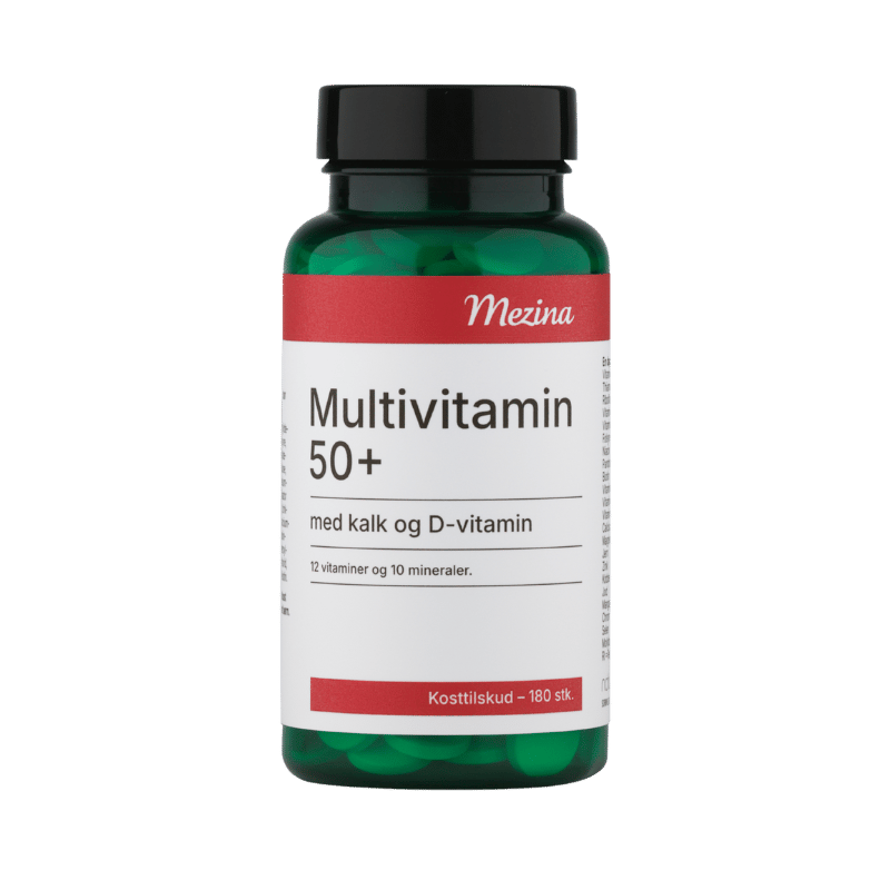 Pakke med Mezina Multi 50+ Kalk & D-vitamin multivitamin, 180 tabletter