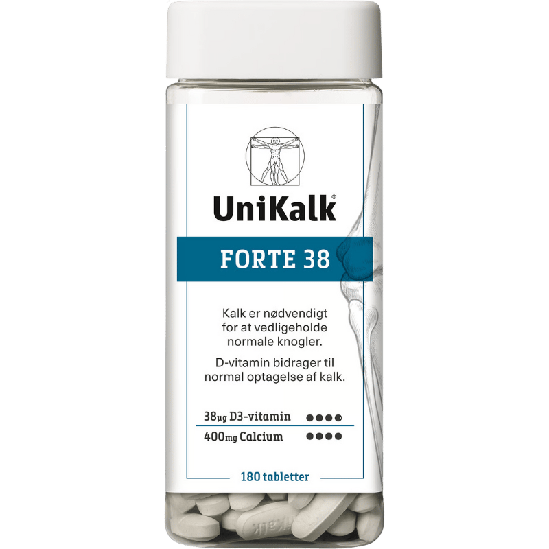 Pakke med UniKalk Forte 38 slugetabletter med calcium og D-vitamin, 180 stk