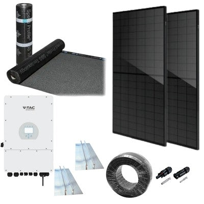 6kW komplet 3-faset hybrid solcelleanlæg - Til tagpap eller ståltag, DEYE hybrid inverter, Sort i sort - Retning solceller : Stående, Rækker : 1, Solceller kW : 6,5