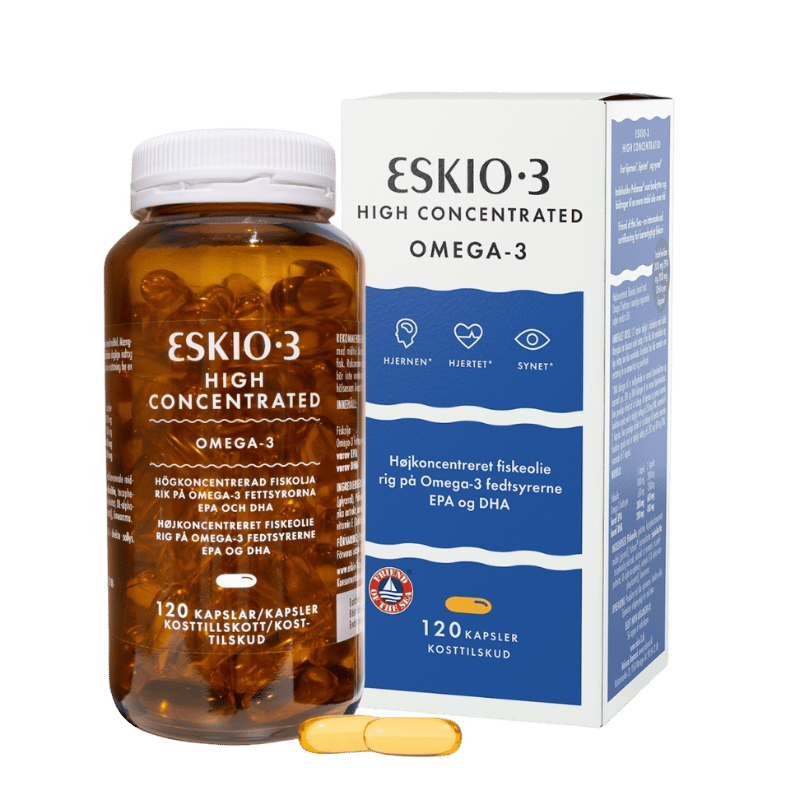 Pakning med Eskio-3 High Concentrate Omega-3 fiskeolie, 120 kapsler