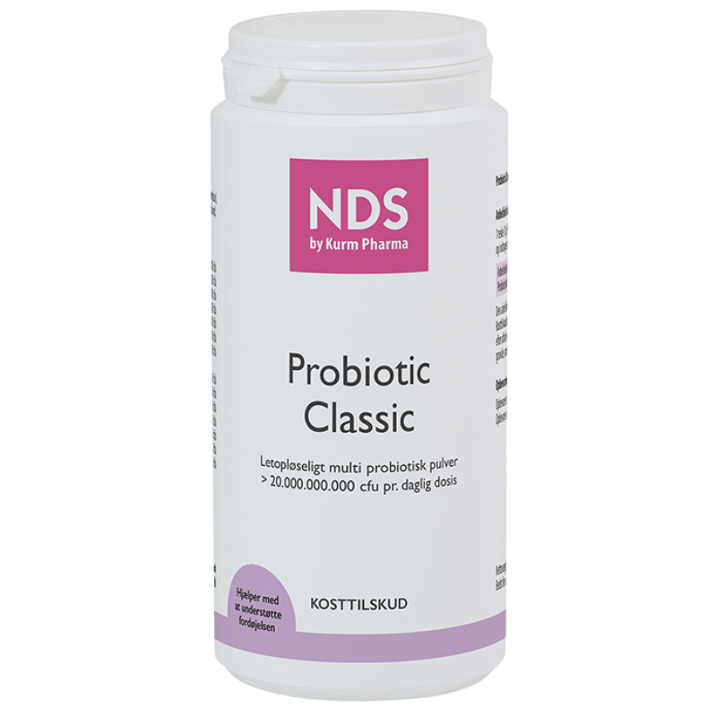 Beholder med NDS Probiotic Classic mælkesyrebakterier i pulverform, 200 g