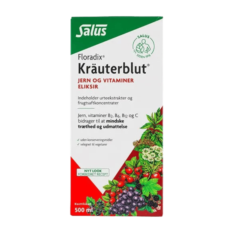 Salus Floradix Kräuterblut Urte-Jern Mikstur, flydende kosttilskud i flaske på 500 ml