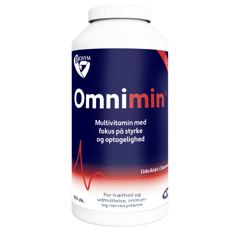 Glas med Biosym Omnimin vegetarisk multivitamin, 300 tabletter