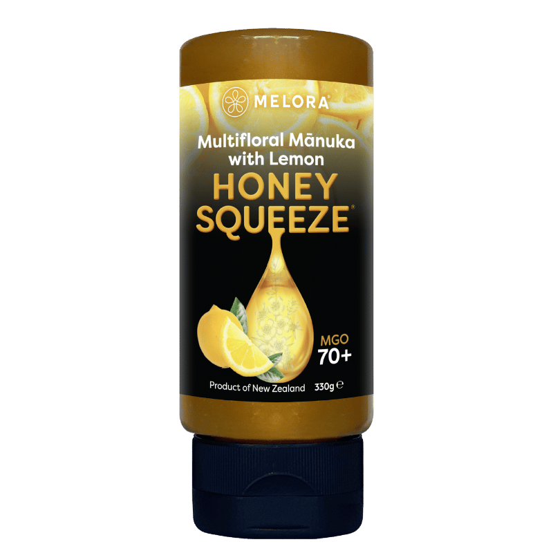 Melora Multifloral Manuka Honey 70+ MGO Lemon Squeeze i squeeze-flaske, 330 g