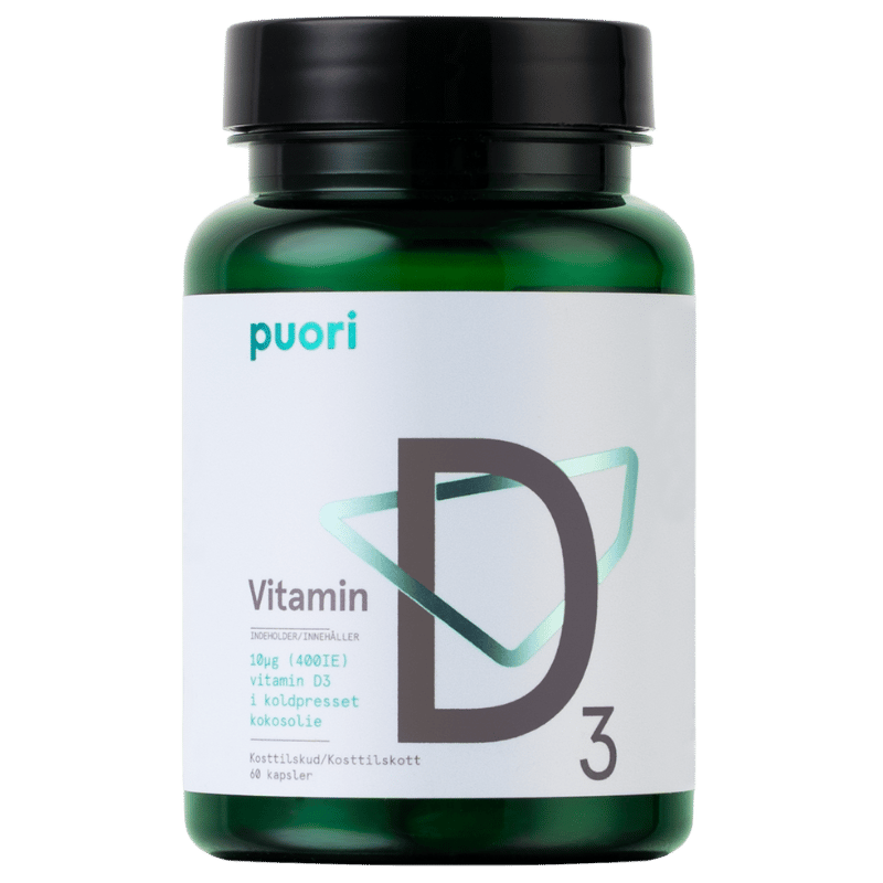 Pakke med Puori D3 D-vitamin 10 µg, vegetabilske kapsler, 60 stk.