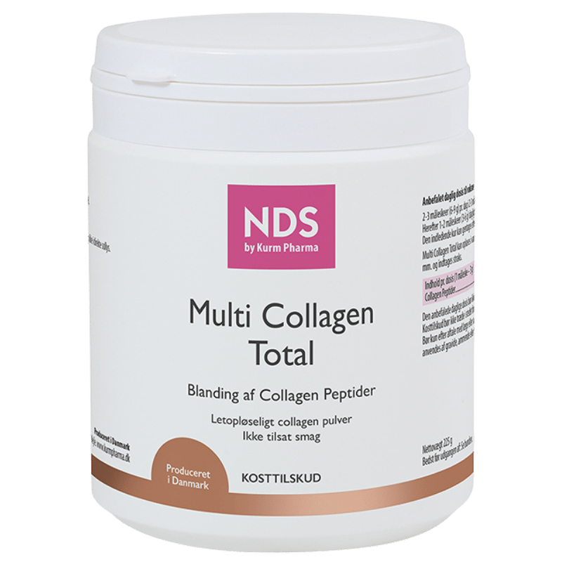 Beholder med NDS Multi Collagen Total, kosttilskud med hydrolyseret kollagen