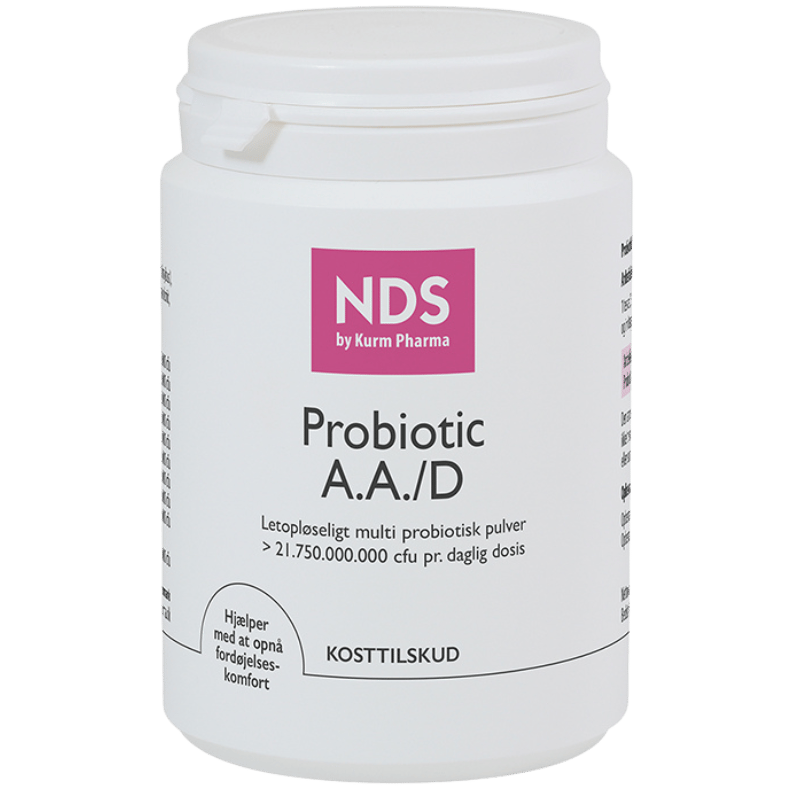 Beholder med NDS Probiotic A.A./D mælkesyrebakterier i pulverform, 100 g