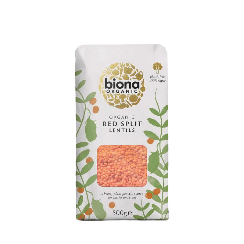Pakke med Biona økologiske røde splitlinser, 500 g