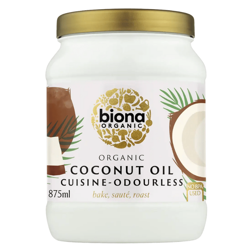 Beholder med Biona økologisk smagsneutral kokosolie, 875 g