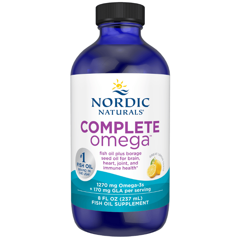 Flaske med Nordic Naturals Complete Omega fiskeolie og hjulkroneolie, 237 ml