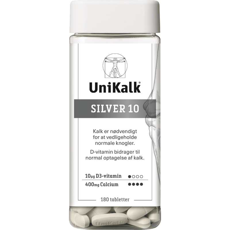 UniKalk Silver 10 kosttilskud med D-vitamin og calcium, pakke med 180 tabletter