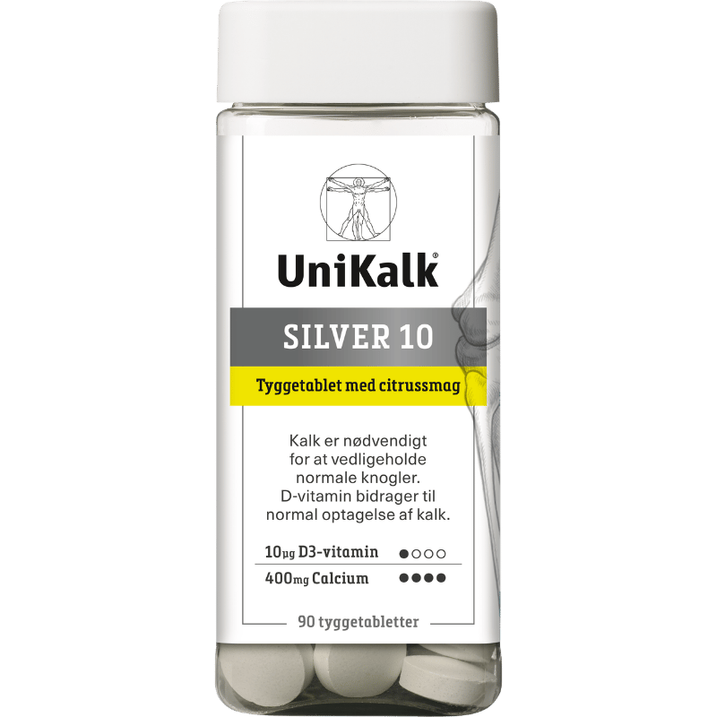 Pakke med UniKalk Silver 10 tyggetabletter, 90 stk