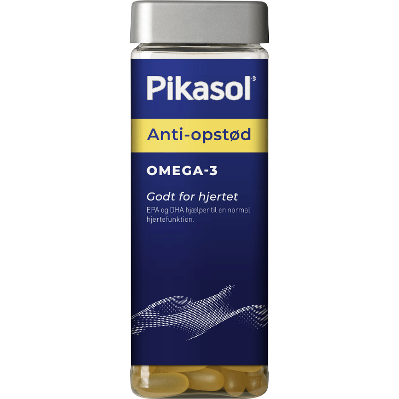 Pakke med Pikasol Anti-Opstød kosttilskud med EPA og DHA, 120 kapsler