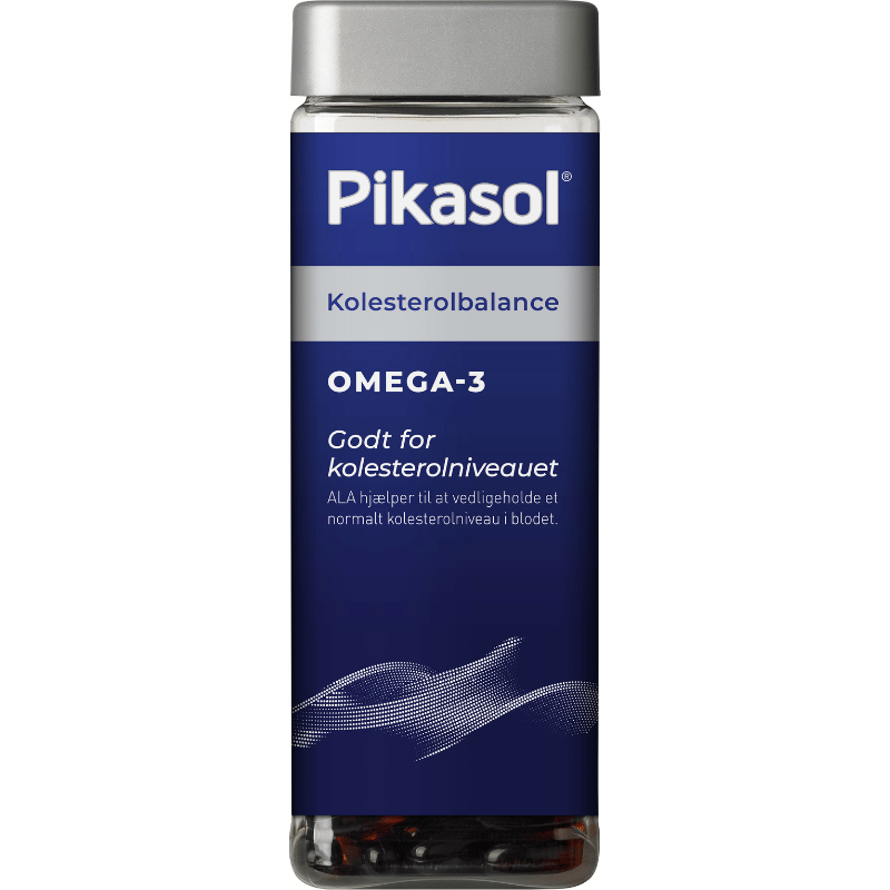 Pakke med Pikasol Kolesterol kosttilskud med fiskeolie, 160 kapsler