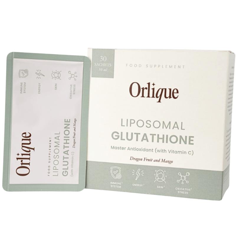 Æske med Orlique Liposomal Glutathion og Vitamin C i flydende breve, 30 stk