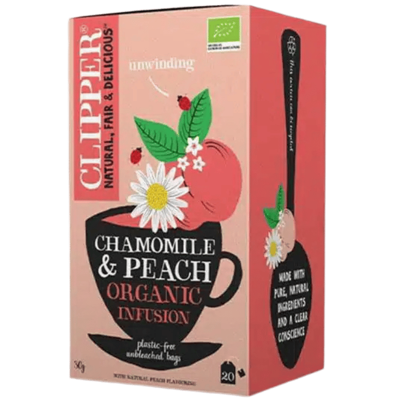 Æske med Clipper Kamille & Fersken økologisk urtete, 20 breve