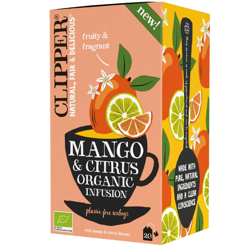 Æske med Clipper Mango & Citrus økologisk urtete, 20 breve