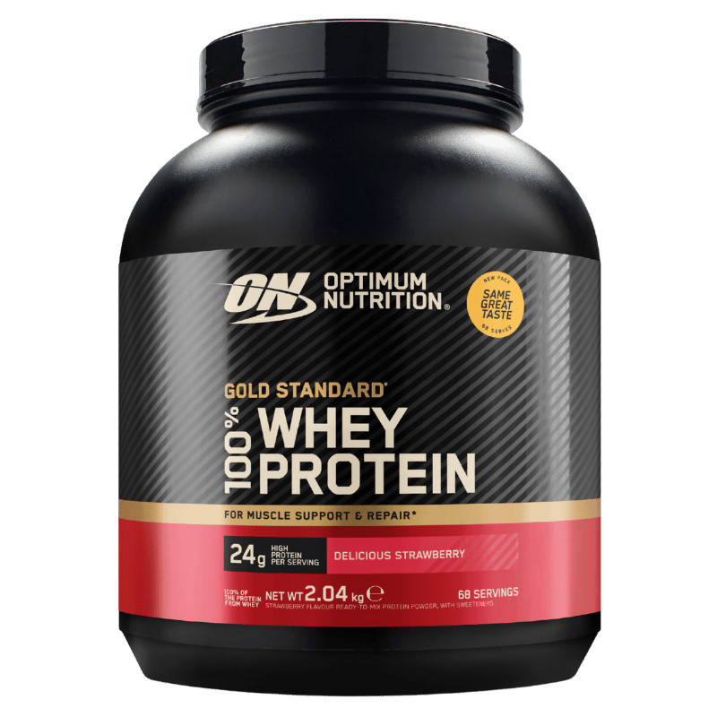 Pakke med Optimum Nutrition Gold Standard proteinpulver i smagen Delicious Strawberry, 2004 g