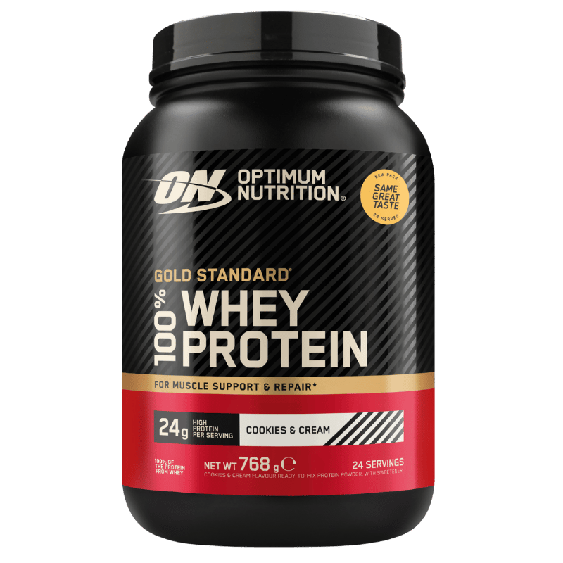 Beholder med Optimum Nutrition 100% Whey Gold Standard proteinpulver, smag Cookies & Cream, 780 g