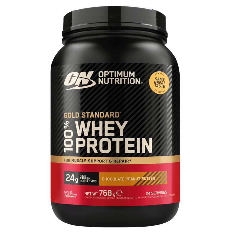 Pakning med Optimum Nutrition Gold Standard 100% Whey, chokolade og peanut butter