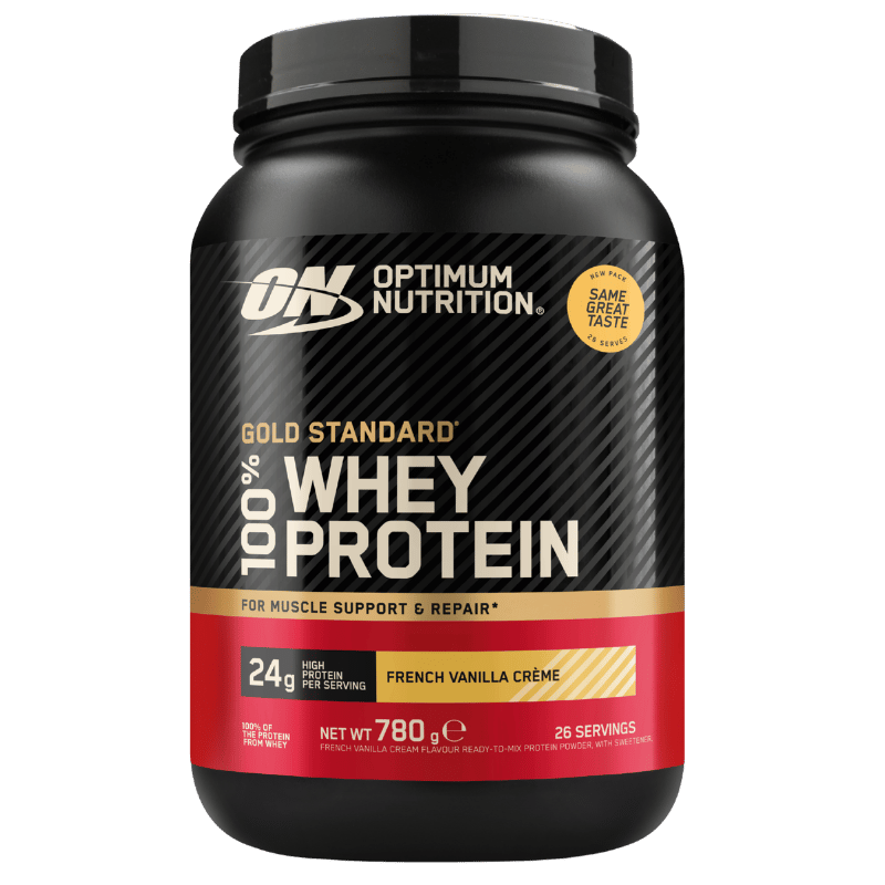 Pakning med Optimum Nutrition Gold Standard 100% Whey proteinpulver, French Vanilla, 780 g
