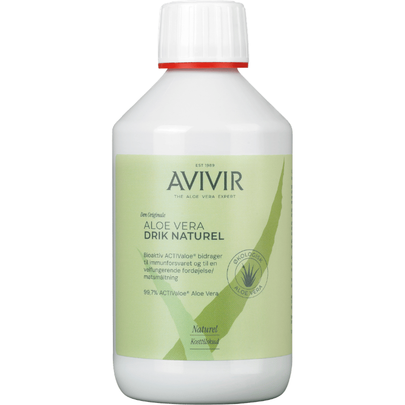 Flaske med Avivir Aloe Vera Drik Naturel, 300 ml aloe vera bladgel