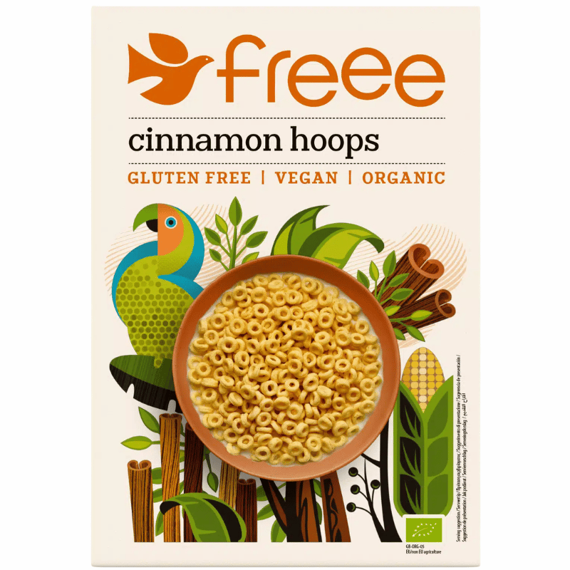 Pakke med Doves Freee Cinnamon Hoops glutenfri økologisk morgenmad, 300 g