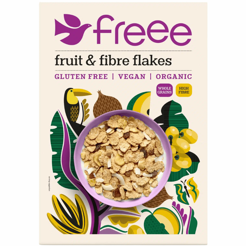 Pakke med Doves Free Fruit & Fibre Flakes økologiske morgenmadsflager, 375 g