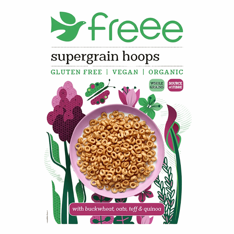 Pakke med Doves Free Supergrain Hoops, økologisk glutenfri morgenmad, 300 g