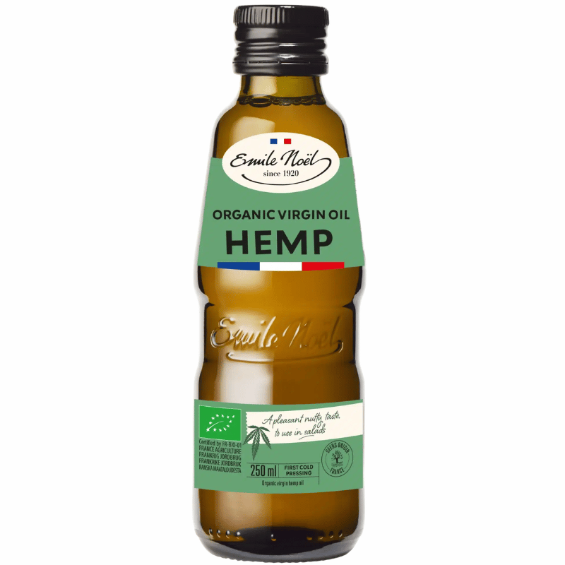 Flaske med Emile Noel økologisk hampefrøolie, 250 ml, grøn olie