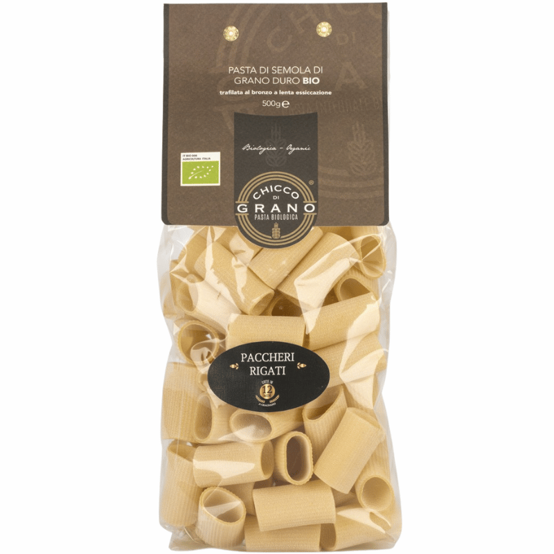 Pose med Chicco di Grano Paccheri Rigati, økologisk håndlavet pasta, 500 g