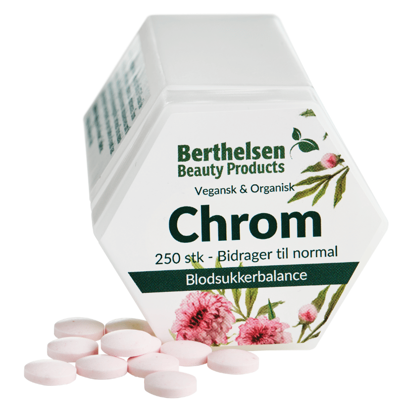 Glas med Berthelsen Chrom kosttilskud med chrom-picolinat, 250 tabletter