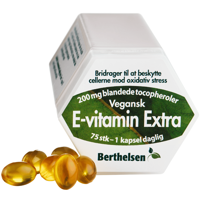 Pakning med Berthelsen E-vitamin Extra, 75 kapsler med 200 mg E-vitamin pr. kapsel