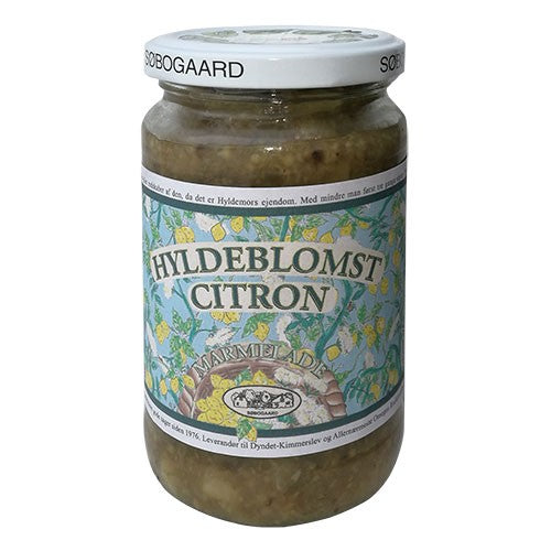 Glas med økologisk hyldeblomst/citron marmelade, 340 gram, fra Søbogaard