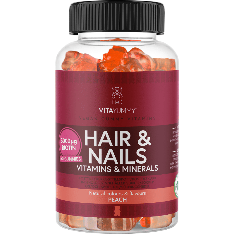 VitaYummy Hair & Nails kosttilskud med ferskensmag, pakke med 60 stk.