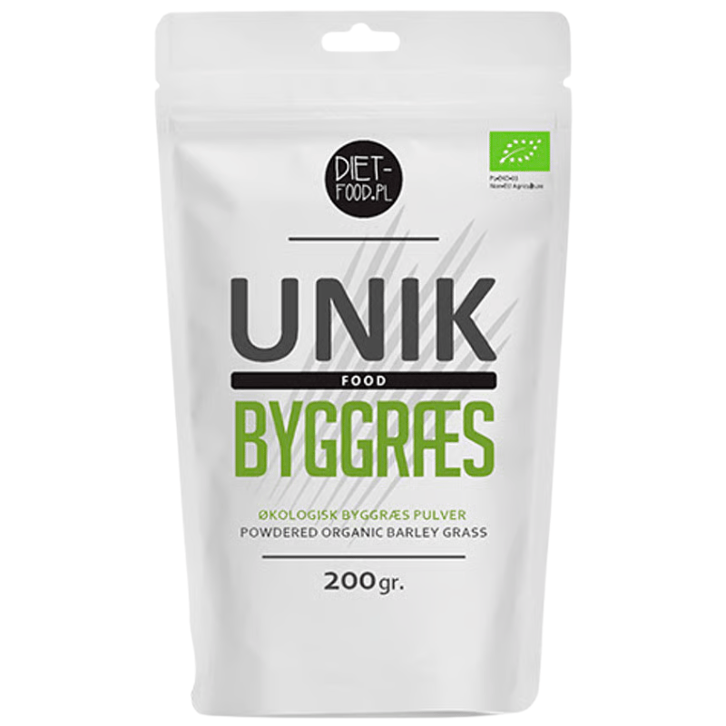 Pakke med Unik Food økologisk byggræspulver, 200 g