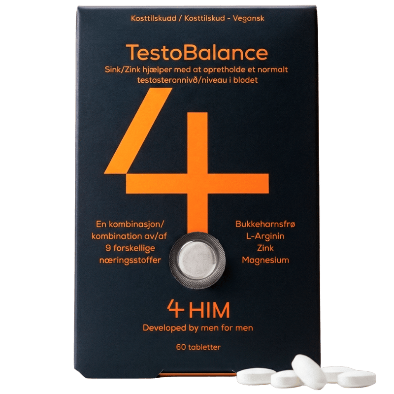 Glas med 4 HIM TestoBalance kosttilskud til mænd, 60 tabletter