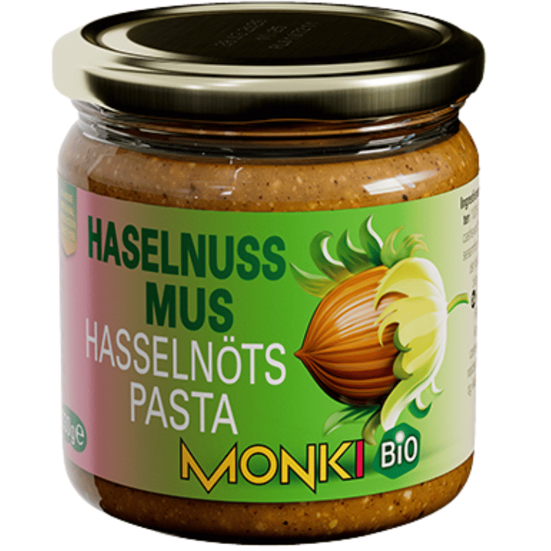 Glas med Monki økologisk hasselnøddesmør, 330 ml