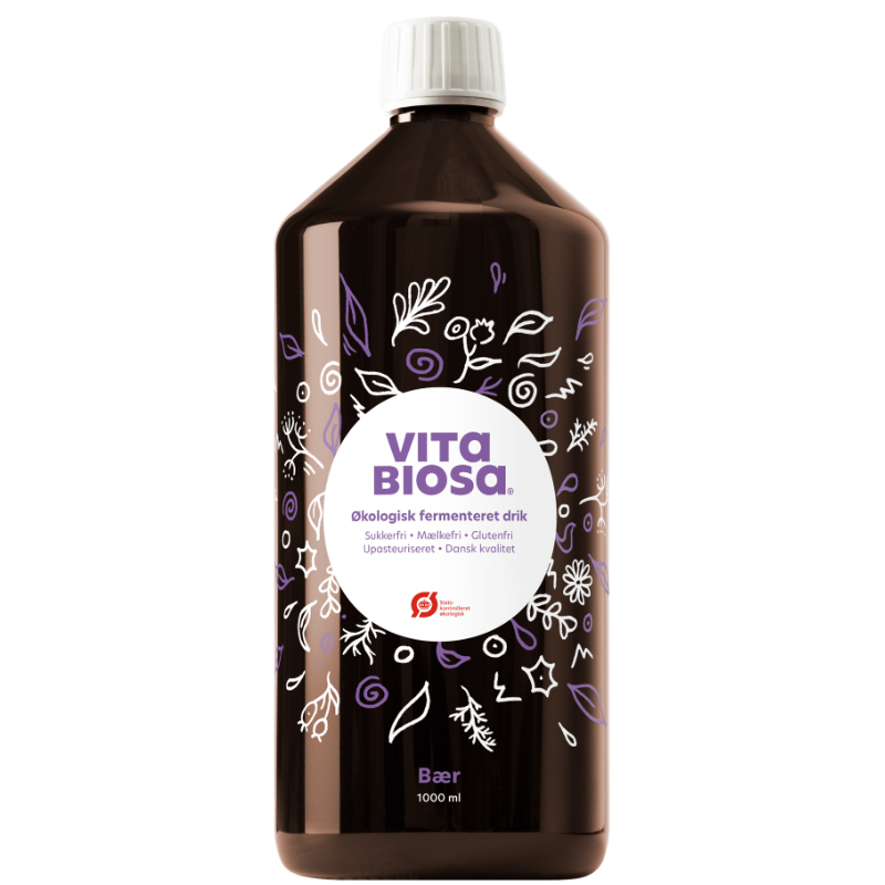Flaske med Vita Biosa Bær økologisk fermenteret urtedrik, 1 liter, med aronia, solbær og blåbær