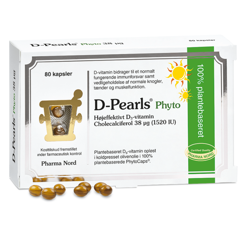 Pakning med Pharma Nord D-Pearls Phyto 38 µg D3-vitamin, 80 plantebaserede kapsler