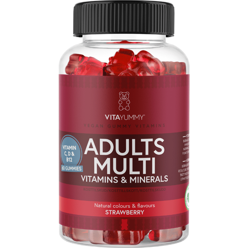 Pakning med VitaYummy Adults Multi Strawberry, veganske multivitamin-gummies med jordbærsmag