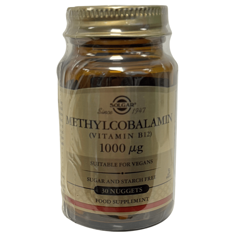 Glas med Solgar Methylcobalamin Vitamin B12 1000 µg kosttilskud, 30 tabletter