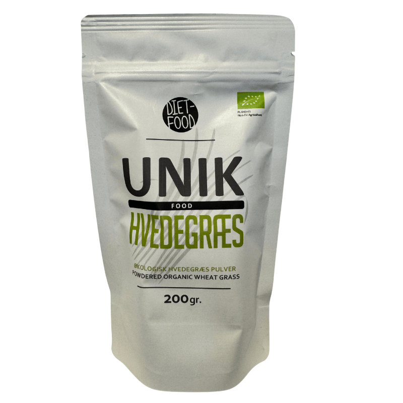 Pakning med Unik Food økologisk hvedegræspulver, 200 g