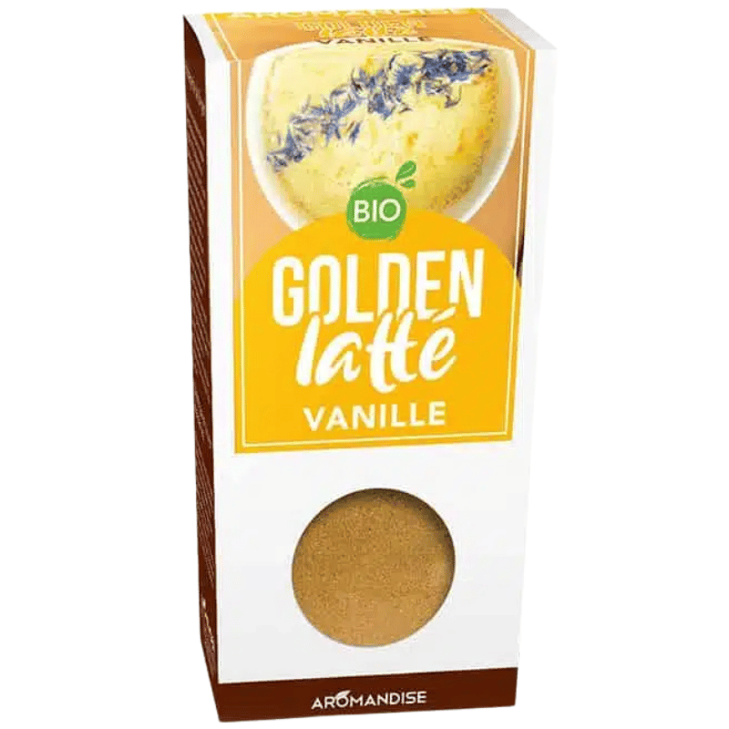 Pose med Aromandise Golden Latté Vanilje, økologisk blanding med gurkemeje og vanilje