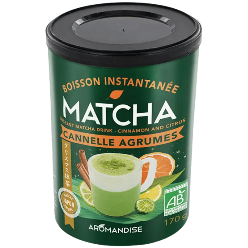 Pakning med Aromandise økologisk Matcha Instant Latte med kanel og citrus, 170 g