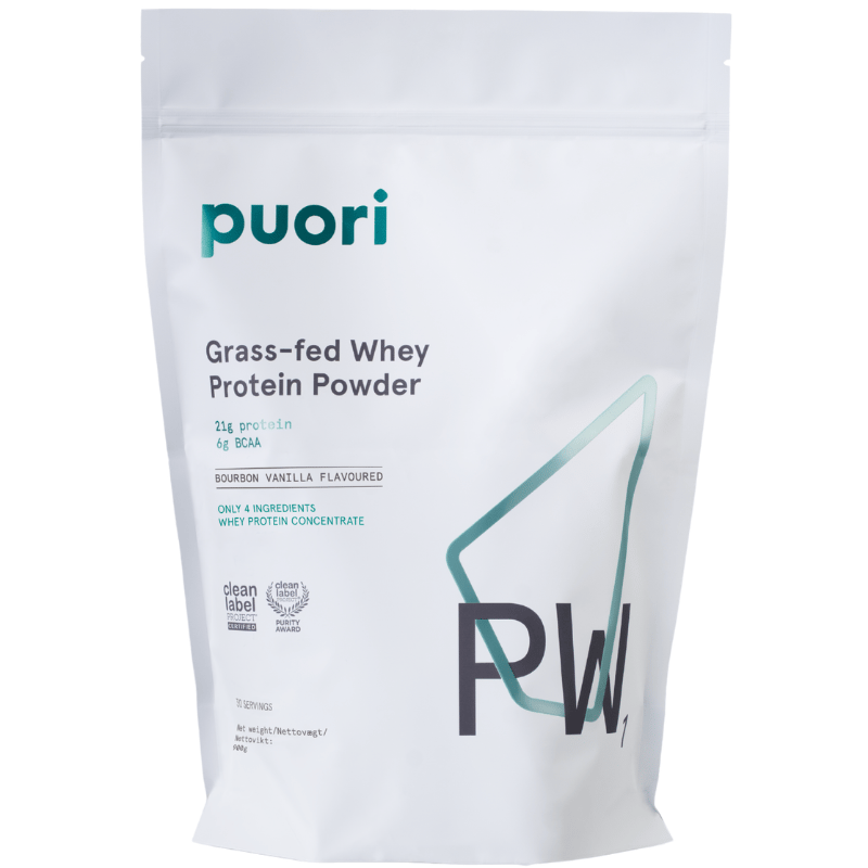 Pakning med Puori PW1 græsfodret whey proteinpulver med bourbon vanilje, 900 g