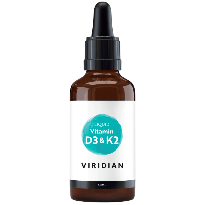 Flaske med Viridian D3 & K2 flydende vitamin og pipette, 50 ml