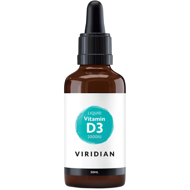 Flaske med Viridian flydende D3-vitamin 2000 IU, vegansk kosttilskud, 50 ml